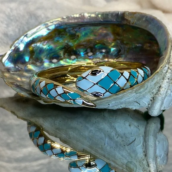 Snake Cuff Bracelet Gold-plated Inlaid Teal & White Enamel Bangle Bracelet sze 8